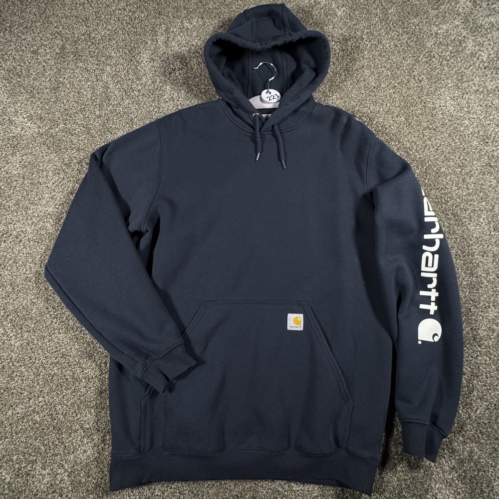 Carhartt Mens Hoodie Pullover L Tall Loose Fit Navy Spellout Sweatshirt